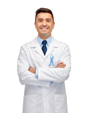 Happy Doctor With Prostate Cancer Awareness Ribbon