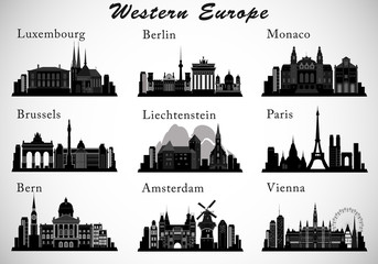 Fototapety  Western Europe Cities skylines set. Vector silhouettes