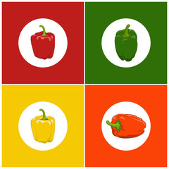 Icons Set Pepper , Set of Vegetables Icons, Icons Red, Orange, Green and Yellow Pepper, Vector Illustration