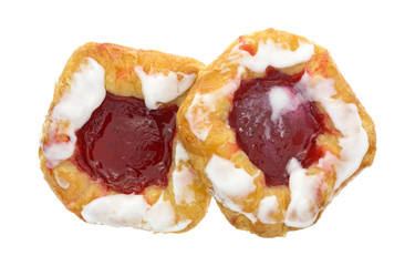 Raspberry danish pastries on a white background top view