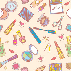 Seamless pattern with cosmetics, beauty accessories and hearts 