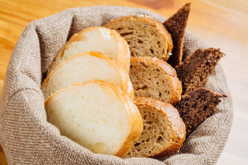 Different types of bread in the basket on the table