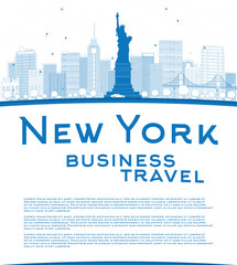 Fototapeta premium Outline New York city skyline with blue buildings and copy space