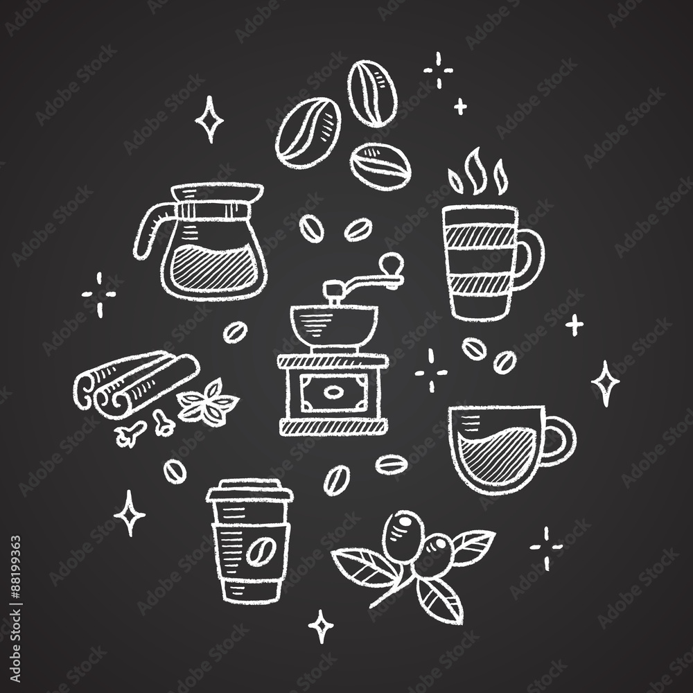 Wall mural set of chalk coffee drawings. beans, cups, spices and more. - Wall murals
