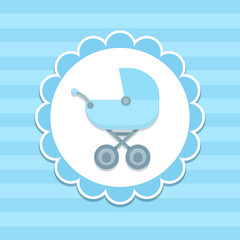 Baby stroller in boy blue color inside circle frame on blue striped background.