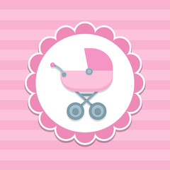 Baby stroller in girly pink color inside circle frame on pink striped background.