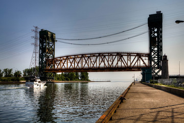 A lift bridge over a ships canal