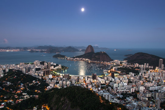 Rio de Janeiro at Night, Sugarloaf Mountain and Moon in the Sky