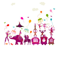 colorful circus carnival traveling in one row on white backgroun