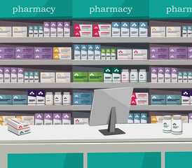 Modern interior pharmacy and drugstore. Sale of vitamins and medications. Vector simple illustration. - obrazy, fototapety, plakaty