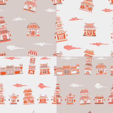 Set of 4 chinese or japanese buildings seamless pattern