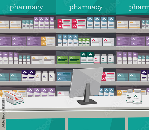 Modern interior pharmacy and drugstore. Sale of vitamins and ... Modern interior pharmacy and drugstore. Sale of vitamins and ...