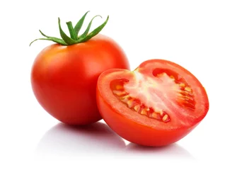 Foto op Canvas Rode tomaten met knippen geïsoleerd op wit © Serhiy Shullye