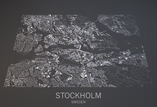 Mappa Stoccolma, vista satellitare, citt&agrave; Svezia, 3d, bianco e nero