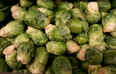 Fototapeta na wymiar Brussel Sprouts at a produce stand 