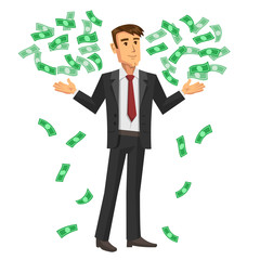 Cartoon illustration of businessman with the falling notes. 