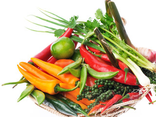 Fresh herbs and spices isolated on white background