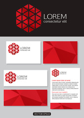 Geometric red logo icon design with business cards, banners and