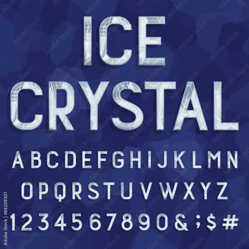 Fototapete crystal ice type font. vector alphabet. frozen ice letters, numbers and punctuation marks on a cryst