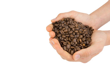 Two hands holding coffee beans