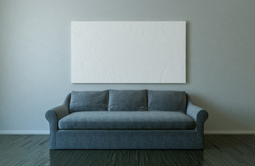 Blank canvas and sofa in empty room mockup - 3D Illustration