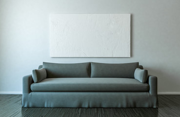 Blank canvas and sofa in empty room mockup - 3D Illustration