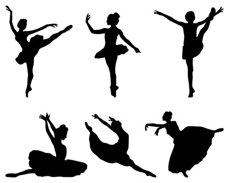 Black silhouettes of  ballerinas on white background, vector