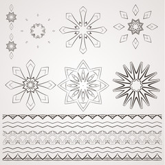 Set of vector filigree star, flowers, borders, frames and brushes of various women's shoes.