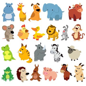 Set of cute cartoon wild animals and pets.