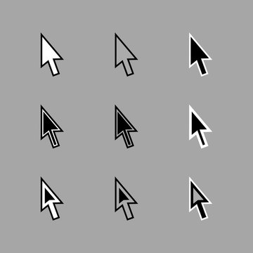 Set of modern arrow cursors / mouse pointers, isolated on light gray background. Different colors and contours. Vector Illustration.