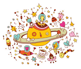 Cartoon Saturn with group of characters space cosmos illustration