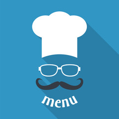 Hipster chef  hat with mustache and glasses.