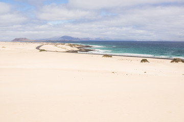 Fototapeta na wymiar Landschaft mit Dünen und Meer auf Fuerteventura, Kanaren