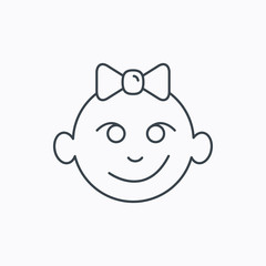 Baby girl face icon. Child with smile sign.