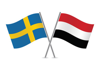 Yemen and Sweden flags. Vector illustration.