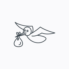 Stork with sack icon. Newborn baby symbol.