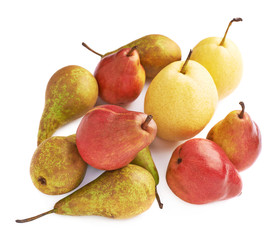 Pile of green, red, yellow pears isolated