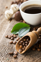 ground coffee in scoop and coffee beans on a wooden background, view from the top