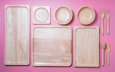 Group of wooden plate and bowl