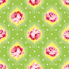 Vector seamless vintage floral patternPink roses with green leaves on a damask background.