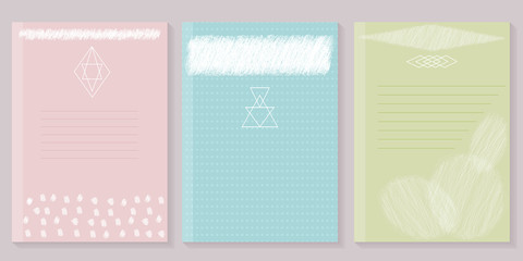 Set of vintage creative covers with hipster logo.  For book, brochure, flyer, poster, booklet, leaflet, postcard, business card, annual report, banner designs. Abstract background. 