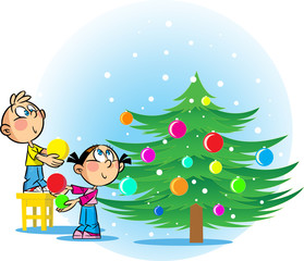 Children decorate the Christmas tree