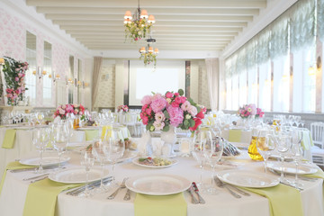 Cafe interior with the served tables