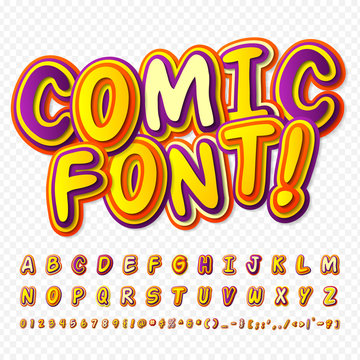 Creative yellow - purple comic font. Alphabet, comics, pop art.