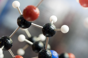 Molecular, DNA and atom model in science research lab