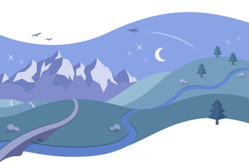 Fototapeta na wymiar Landscape Scene with Mountains at Night - a simple and beautiful landscape illustration in a clean and flat style with a retro touch.