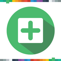 Flat add, plus sign icon in a circle with a long shadow.