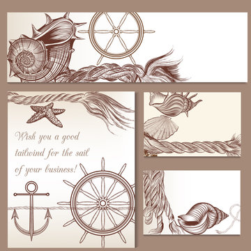 Sea vector brochures set with hand drawn nautical object