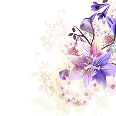 Grunge floral background with blue bells and some pink flowers
