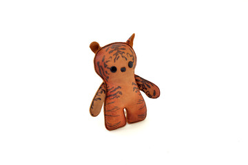 custom handcrafted stuffed leather toy tabby cat - left